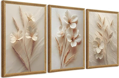 FYLDPSB 3Pcs Framed Neutral Beige Floral Canvas Wall art, Modern Simple Texture Plant Painting Wall Decor, Vintage Flower Poster Prints for Living Room Bedroom Farmhouse Ready to Hang 24''L x 16''W