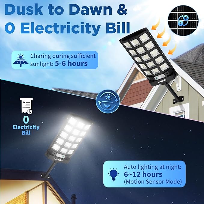 LANGY Solar Street Lights Outdoor 4 Pack, 6500K Solar Lights Outdoor Dusk to Dawn with Motion Sensor & Remote Control, IP66 Waterproof LED Flood Security Lights for Outside Garden Yard Parking Lot