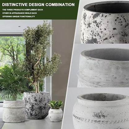 Craft flowerpots 18"+13"+9" Dia Round Concrete Planter Set of 3 Large Outdoor/Indoor Planter Pots Containers with Drainage Holes and Rubber Plug for Home Garden (White, Large)