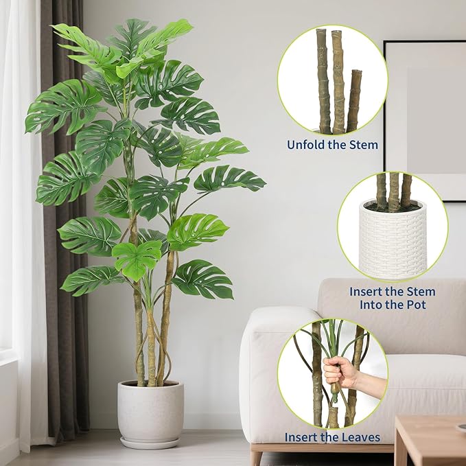 5FT Artificial Monstera Plant - Realistic Fake Tropical Palm Tree for Home Decor - Large Faux Monstera Deliciosa with Bendable Stems & Ceramic Pot - Indoor Outdoor UV Resistant