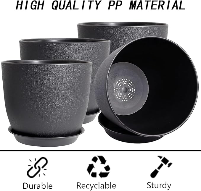 Planters for Garden House Plants, Indoor Outdoor Flower Pots Set with Trays 8 Inch Garden Pots,Plant Pots for Indoor Plants, Speckled Black