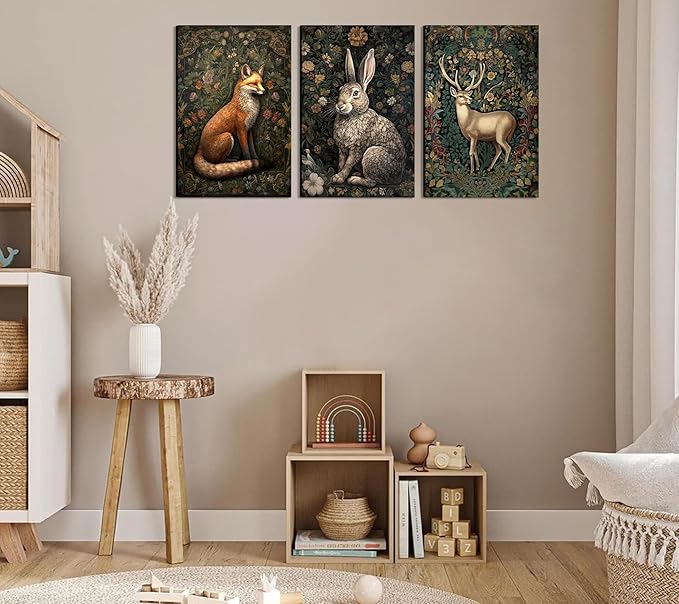 3Pcs Forest Animal Canvas Wall Art Fox Rabbit Deer Painting Pictures Wall Decor Wildlife Animal Posters Prints Dark Gothic Botanical Floral Artwork for Office Bedroom Home Decoration 12x16in