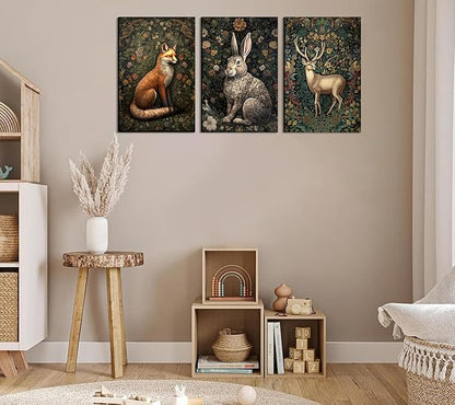 3Pcs Forest Animal Canvas Wall Art Fox Rabbit Deer Painting Pictures Wall Decor Wildlife Animal Posters Prints Dark Gothic Botanical Floral Artwork for Office Bedroom Home Decoration 12x16in