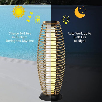 Solar Yard Outdoor Floor Lamp Patio Lights Solar Powered Lantern Weather-Resistant Wicker Deck Lights, Lamp Large for Garden (Austin Natural Brown)