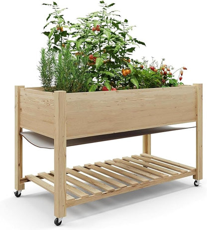 Raised Garden Bed with Wheels and Storage Shelf, Elevated Wooden Planter Box with Locking Casters for Patio, Balcony, Deck Gardening, Natural Wood Finish