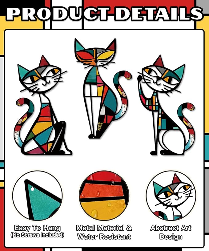 Putuo Decor 3 Pieces Colorful Cat Metal Wall Art, Mid Century Modern Abstract Wall Hanging Sculptures for Cat Lovers Living Room Bedroom Kitchen Hallway Office