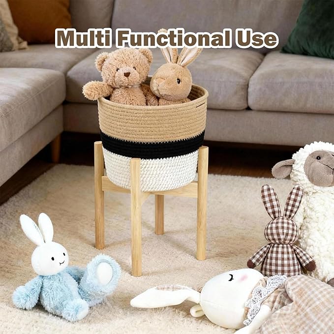 Plant Basket with Stand, Indoor Woven Basket with Bamboo Wood Stand Round Boho Planter Pot Holder Rustic Baskets for Plants and Home Decor