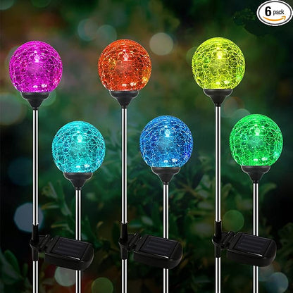 Solar Outdoor Lights, 6 Pack Christmas Solar Stakes Crystal Cracked Glass LED Garden Globe Light Outdoor Waterproof, Color-Changing Auto On/Off, Pathway Lights for Landscape Patio Yard Decorations