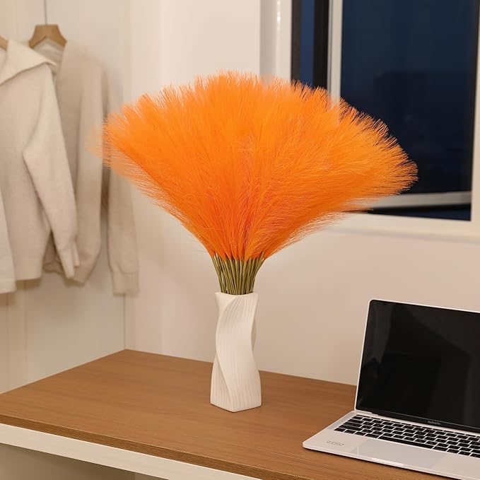 Faux Orange Pampas Grass - 60 pcs 24 Inch Artificial Pampas Grass Decor, Tall Pampas Grass for Floor Vase, Table Centerpieces, Wedding, Party and Living Room Decor (Orange, 60 Pieces)