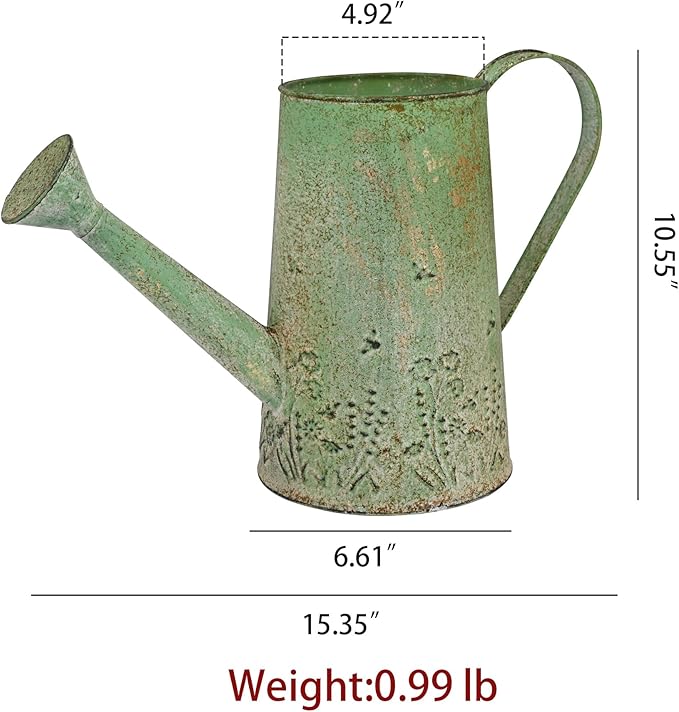 Vintage Metal Watering Can with Floral Embossed Design Garden Distressed Green Decorative Watering Pot Planter Farmhouse Waterer for Home Indoor Outdoor Garden Balcony Courtyard (Green#2)