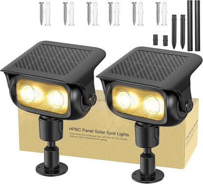 Solar Spot Lights Outdoor Waterproof IP67, Warm White Landscape Lighting with 2 Brightness Mode, Fast-Charge HPBC Panel, Spotlights for Yard, Garden, Pathway