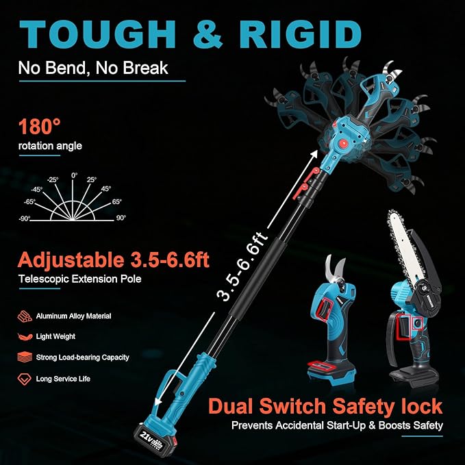 4-in-1 Cordless Pole Saw & Electric Pruning Shears Set, Electric Pruning Shears & 6 Inch pole saws for tree trimming with 7ft Max Extension Pole, 2*4.0Ah Batteries,Electric Pole Saw Tree Trimming Kit
