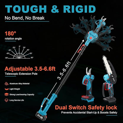 4-in-1 Cordless Pole Saw & Electric Pruning Shears Set, Electric Pruning Shears & 6 Inch pole saws for tree trimming with 7ft Max Extension Pole, 2*4.0Ah Batteries,Electric Pole Saw Tree Trimming Kit