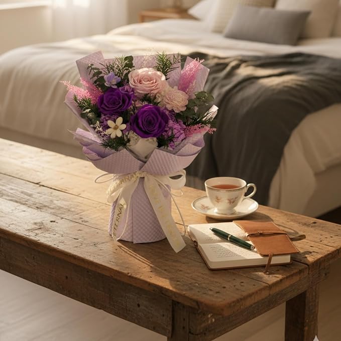 Vaanshie Premium Preserved Flower Bouquet Ideal for Mother's Day Gifting (Waffle Purple)