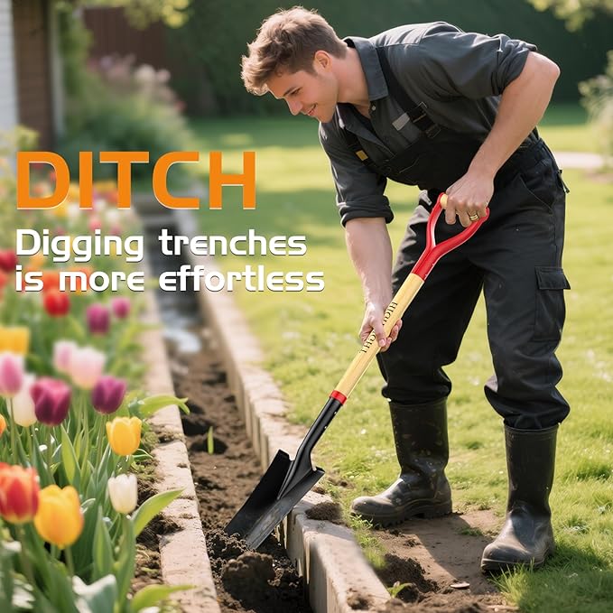 HIGHLIGHT Spade Shovel, Transplanting Spade, Drain Spade, Spade Shovels for Digging, Sharp Shooter Shovel or Spade, 45Inch, Stell D-Grip, Wooden Handle