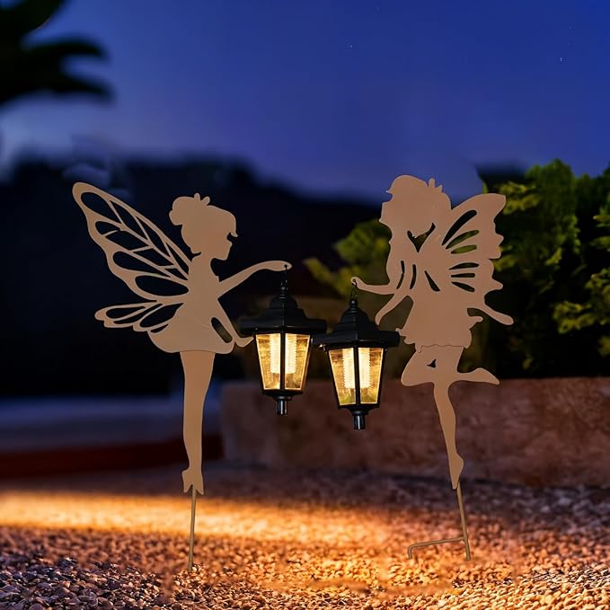 Solar Fairy Garden Decor Lights, 2 Packs, Metal Hanging Lanterns with Warm Solar Glow for Women, Mom, Friends (Rust-Colored Fairy Big Lights)