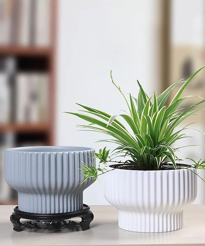 Puoyik 2 Piece Set of Flower Pots 8/6 inches, Ceramic Flower Pots with Drainage Holes, Indoor and Outdoor Plant Flower Planter (7.8/5.9 Blue)