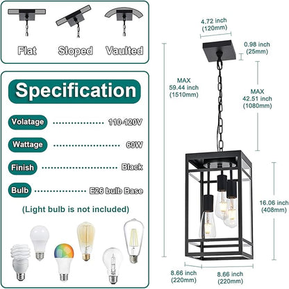 Large Outdoor Pendant Light for Porch, Black 3 Lights Outdoor Pendant Light Fixtures, Modern Hanging Light Fixture, Exterior Chandelier Hanging Lantern for Patio,Front Door