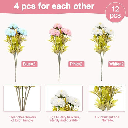 FGSAEOR 12 Bundles Artificial Dandelion Flowers for Outdoor Indoor, Faux Flower with Eucalyptus Leaves Fake Plants Greenery, Garden Home Decor