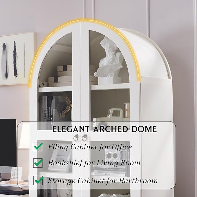 71" Tall Arched Bookshelf, 4-Tier Bookcase with Glass Doors and Shelves, Wooden Display Cabinet w/2 Large Storage Drawers, Modern Farmhouse Versatile Bookshelf for Living Room, Bedroom, White