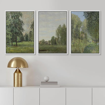 Ashbrook Framed Canvas Print Wall Art Set Fine Art Watercolor Emerald Green Forest Landscape Nature Wilderness Illustrations Floral Botanical Minimal Calm/Relax for Bedroom - 24"x36"x3 White