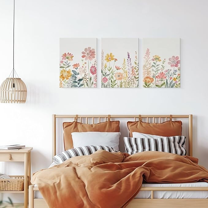 Framed Watercolor Wildflowers Canvas Wall Art Colorful Floral Poster Picture Vintage Country Painting Nature Landscape Modern Home Print Living Room Gallery Office Ready to Hang 16x24 Inch x3