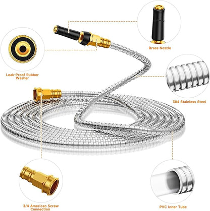 100 FT Garden Hose Expandable - 304 Stainless Steel Water Hose 100 FT - Heavy Duty Flexible Kink Free Hose, no Bite