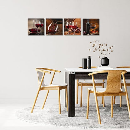 4 Pcs Red Wine Canvas Wall Art Framed Modern Red Wine Goblets Art Posters Retro Pictures Wall Decor Vintage Glass Cups Canvas Decoration Artwork for Walls Home Dining Salon Bar