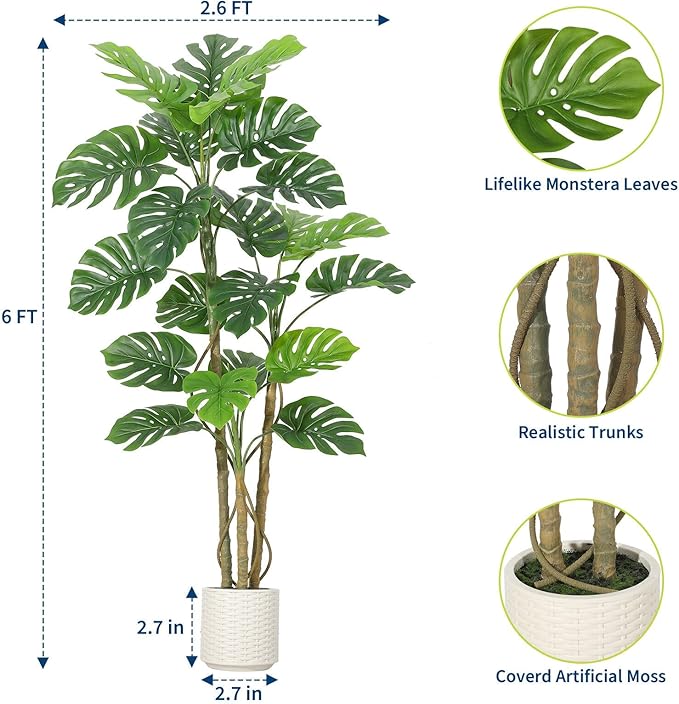 6FT Artificial Monstera Plant - Realistic Fake Tropical Palm Tree for Home Decor - Large Faux Monstera Deliciosa with Bendable Stems & Ceramic Pot - Indoor Outdoor UV Resistant