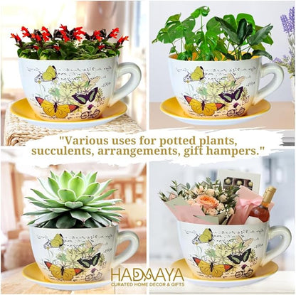 7.5" Round Ceramic Teacup Shape Planter Pot with Saucer for Succulents Orchids Herbs Cactus Indoor Houseplants Flowers for Home Garden and Event Decor – Orange Poppy Floral