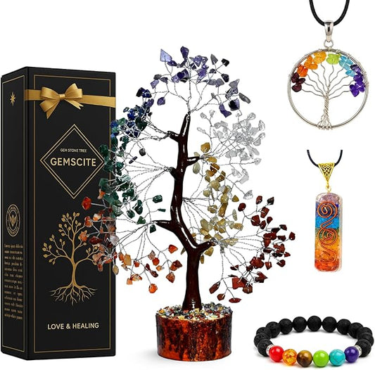 Seven Chakra Silver Wire Artificial Tree – Crystal Healing Bonsai Tree for Home Decor, Positive Energy & Spiritual Balance