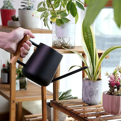 1L/33.8oz Wood Handle Long Spout Watering Can Stainless Steel Plant Watering Pot Garden Green Plant Flower Watering Kettle for Indoor Outdoor Plants Garden Flower (Black)