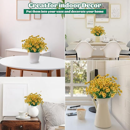 Lnoicy 24 Pcs Artificial Flowers for Outdoor,Plastic Flowers Decoration, UV Resistant Faux Flowers Shrubs, Artificial Plants for Indoor Outside Garden Home Wedding Farmhouse(Yellow)
