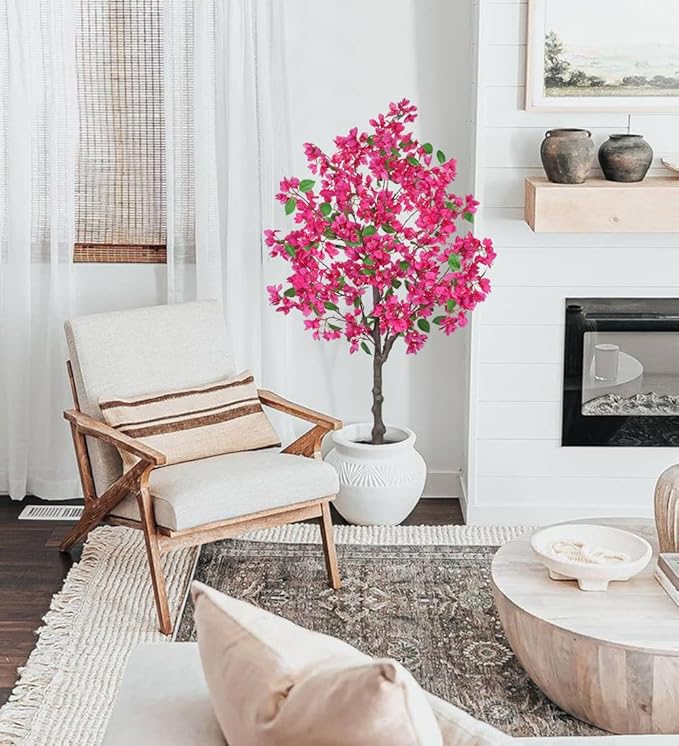 Briful Artificial Bougainvillea Tree in Black Pot 51.1" Tall Faux Silk Bougainvillea Floral Tree with Realistic Trunk Pink Fake Bougainvillea Plant for Home Office Living Room Bedroom Décor