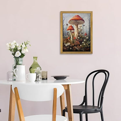 Framed 3D Textured Wall Art, Gothic Dark Mushroom Wall Decor, Vintage Hand Drawn Sandstone Nature Botanical Pictures for Living Room Bathroom Bedroom Dining Room 16x24 inch