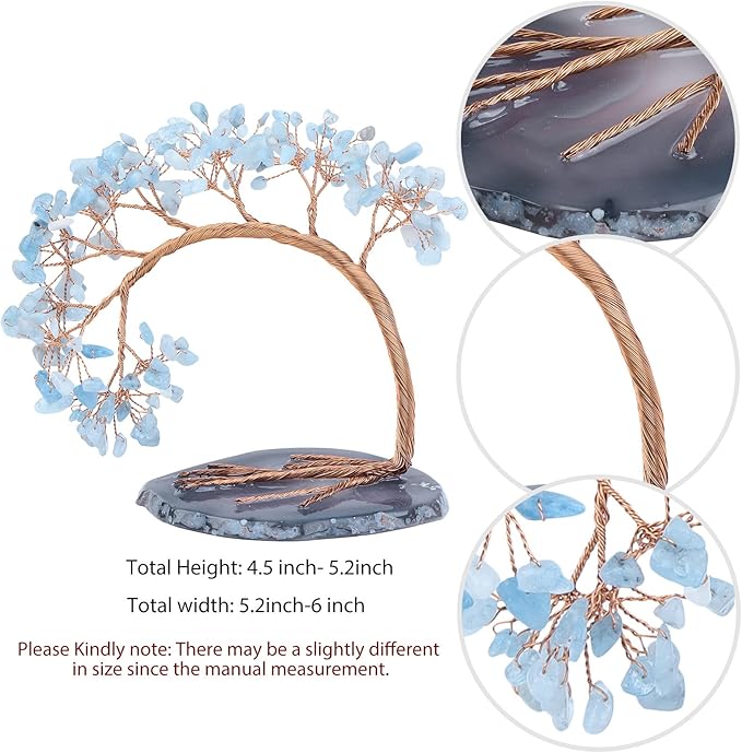 mookaitedecor Natural Aquamarine Crystal Money Tree Agate Slice Base Feng Shui Bonsai Crystal Tree for Wealth Luck Desk Decor, 4.5-5.2 Inch High