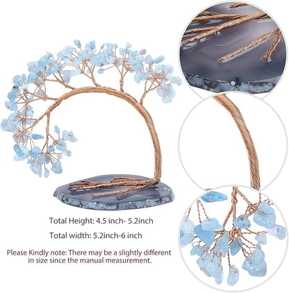 mookaitedecor Natural Aquamarine Crystal Money Tree Agate Slice Base Feng Shui Bonsai Crystal Tree for Wealth Luck Desk Decor, 4.5-5.2 Inch High