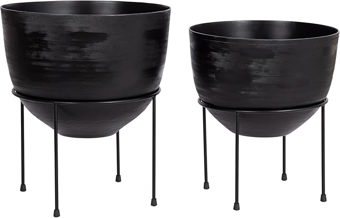 Kate and Laurel Navara Modern Two-Piece Round Metal Planter Set; 2 Piece Set; Black; Planters for Indoor Plants with Engraved Texture and Size for Large Plants