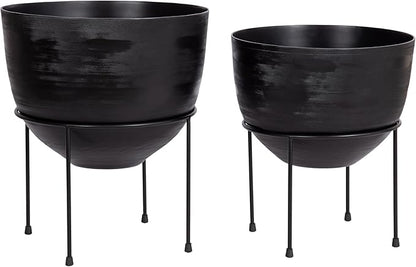 Kate and Laurel Navara Modern Two-Piece Round Metal Planter Set; 2 Piece Set; Black; Planters for Indoor Plants with Engraved Texture and Size for Large Plants