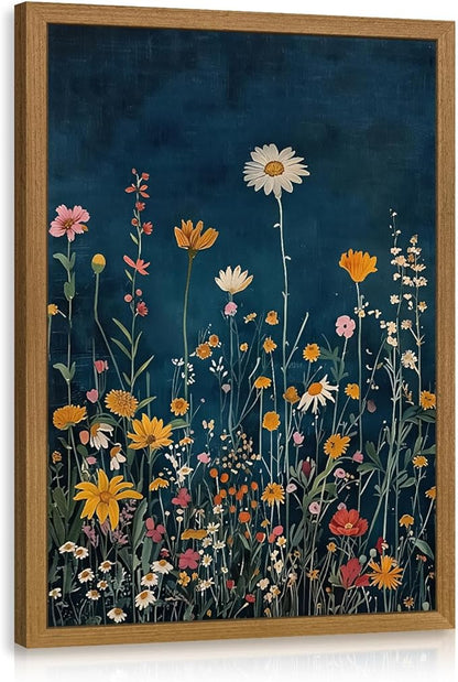CAZLOUC Vintage Wildflower Wall Art, Colorful Botanical Flower Wall Decor, Rustic Dark Blue Floral Canvas Painting, Classic Minimalist Poster Print for Bedroom Office Wood Framed 16x24 Inch