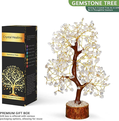 NARIBABU Clear Quartz Crystal Tree – 10-12 Inch Gemstone Tree with Golden Wire & Wooden Base – Healing Crystals Decor, Gifts for Her, Spiritual Gift, Birthday Gift for Women