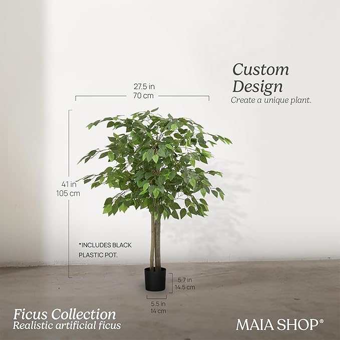 Maia Shop 3ft 5in Artificial Ficus Tree Plant for House, Apartment or Office – Realistic Fake Indoor Plants for Living Room, Kitchen, Bedroom, Entryway or Bathroom – Faux Greenery for Home Décor