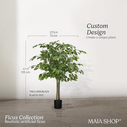 Maia Shop 3ft 5in Artificial Ficus Tree Plant for House, Apartment or Office – Realistic Fake Indoor Plants for Living Room, Kitchen, Bedroom, Entryway or Bathroom – Faux Greenery for Home Décor