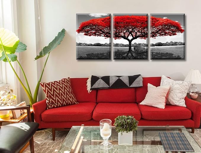 Tree of Life Canvas Wall Art for Living Room 3 Piece Red Tree Pictures for Bedroom Wall Decor Black and White Nature Scenery Painting Prints Modern Home Artwork Framed 12x16 Inch