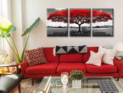 Tree of Life Canvas Wall Art for Living Room 3 Piece Red Tree Pictures for Bedroom Wall Decor Black and White Nature Scenery Painting Prints Modern Home Artwork Framed 12x16 Inch