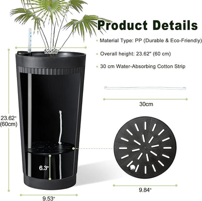 24" Tall Self Watering Planters for Indoor Plants, 2 Pack Large Plastic Outdoor Planter Pots with Built-In Water Reservoir and Level Indicator, Decorative Modern Flower Pots for Home & Patio (Black)