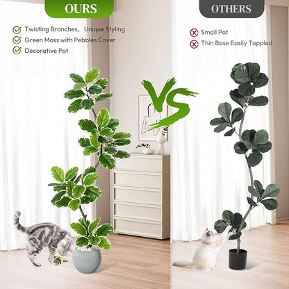 Garvee Fiddle Leaf Fig Tree Artificial Indoor, Faux Floor Plant, 5FT Tall Fake Plant with Planter and Pebbles, Artificial Trees for Home Decor Indoor,Tall Fake Tree for Housewarming