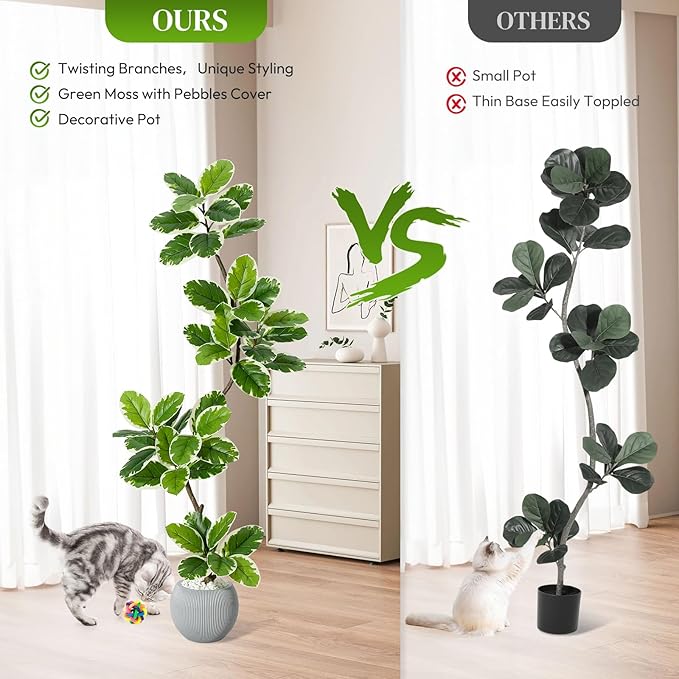 Garvee Fiddle Leaf Fig Tree Artificial Indoor, Faux Floor Plant, 6FT Tall Fake Plant with Planter and Pebbles, Artificial Trees for Home Decor Indoor,Tall Fake Tree for Housewarming