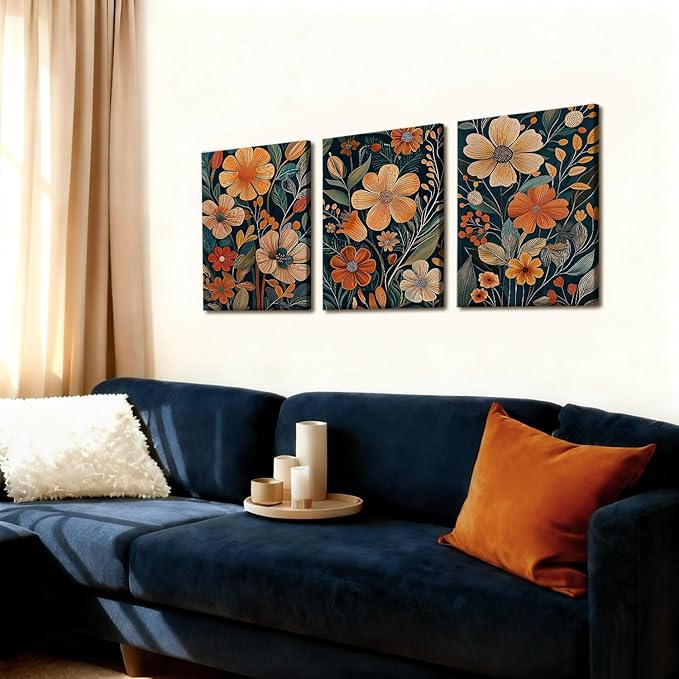 Kdyudo 3 pcs Vintage Orange Floral Framed Canvas Wall Art, Medieval Modern Floral Paintings, Natural Botanical Artwork, Bohemian Neutral Botanical Decorative Artwork, Living Room, Office, Office, 16x24 Inch