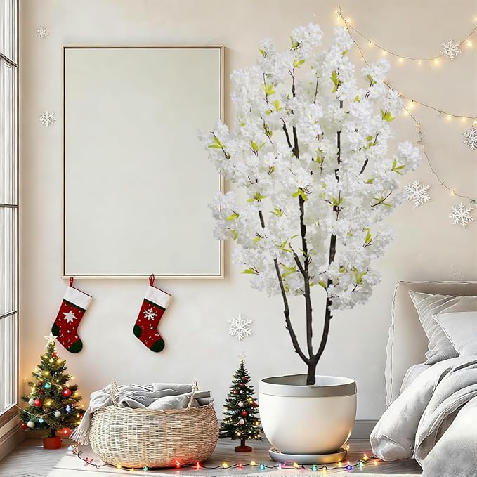 Faux White Cherry Blossoms Tree 6FT Flowering Tree Artificial Cherry Blossom Tree for Bedroom Home Christmas New Year Decor
